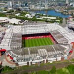 Stunning aerial view of Old Trafford Stadium in Manchester, showcasing its modern architecture and bustling cityscape.